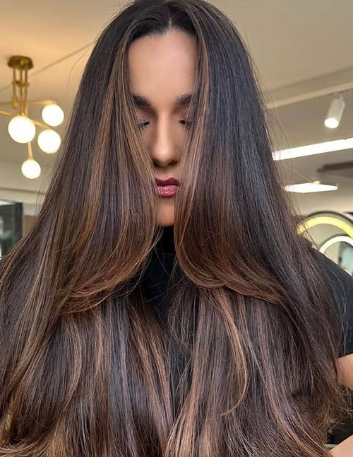 Mocha brown French balayage on long straight layered hair