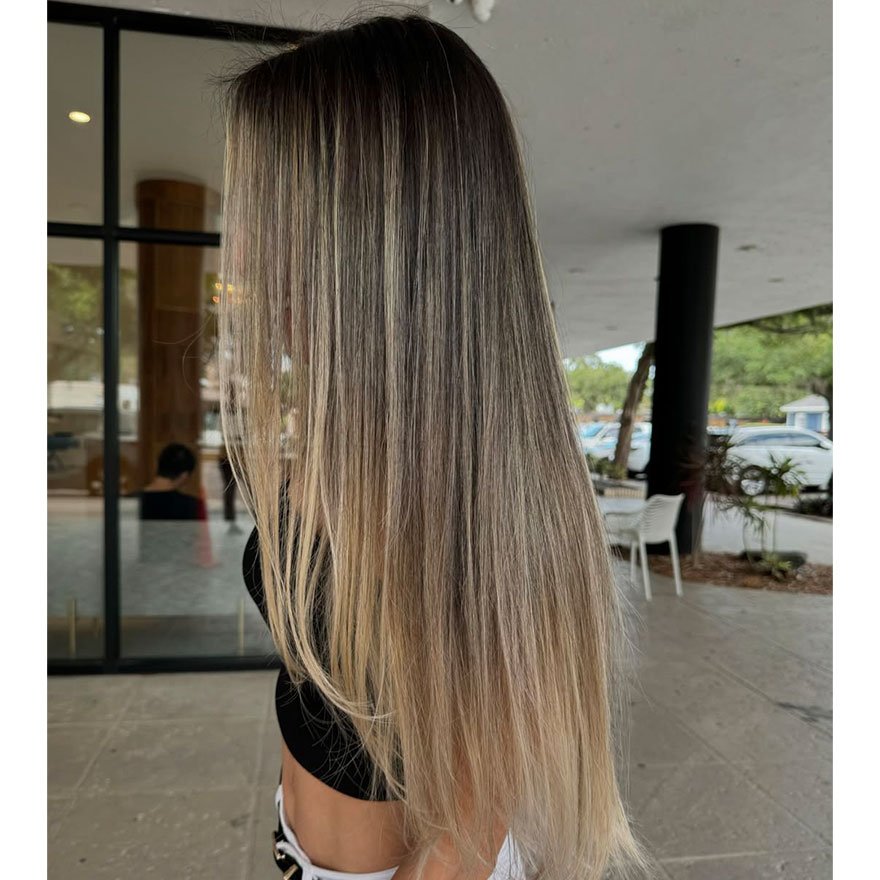 ash brown to blonde balayage on straight hair