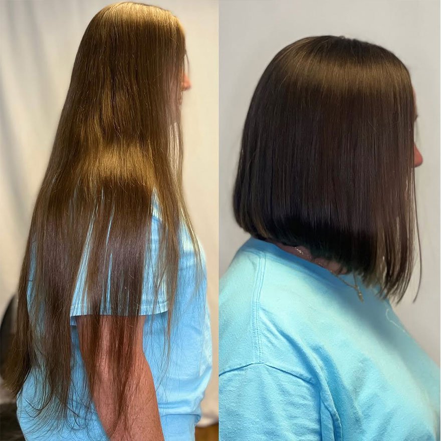 Before-and-after transformation from long waist-length hair to a sleek, chin-length bob with a polished finish.