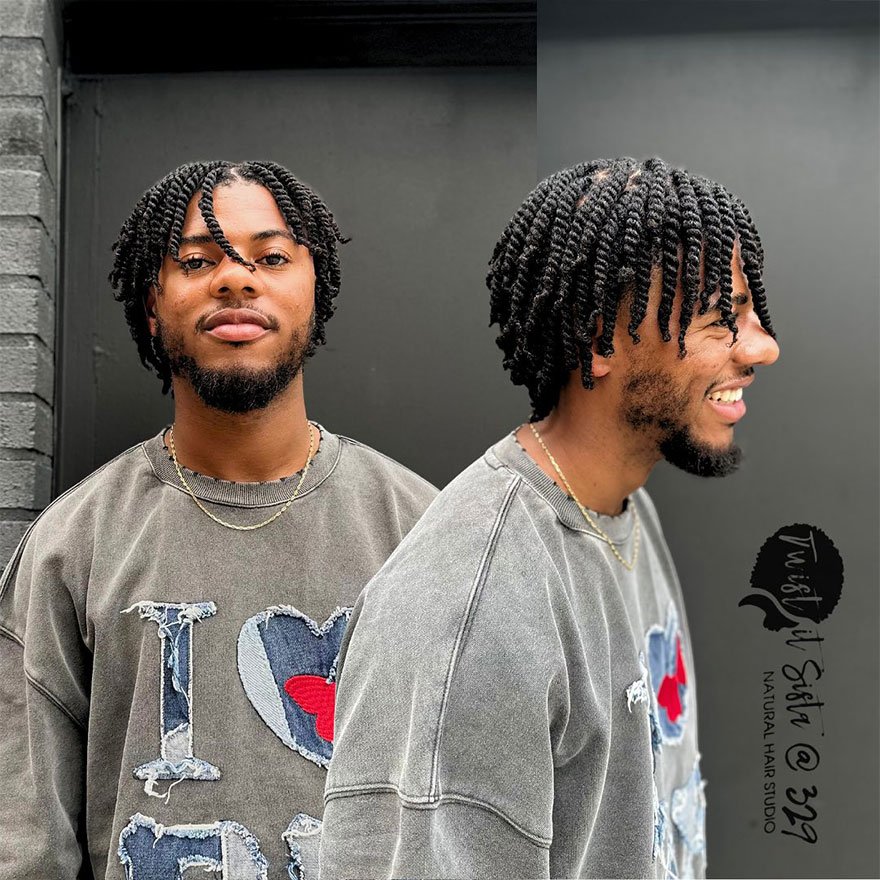 Short two-strand twists hairstyle for men with natural hair texture