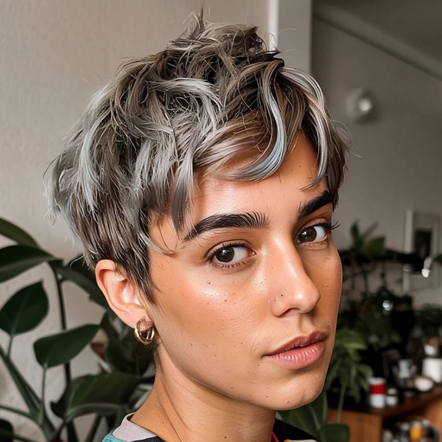 Textured pixie cut with silver highlights and short layers.