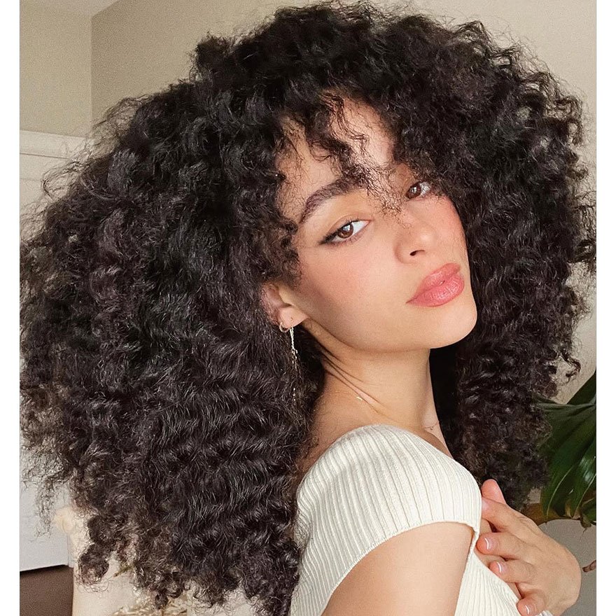 Voluminous curly afro hairstyle with full defined ringlets and natural texture.