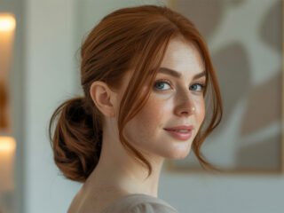 A realistic portrait of a young woman with red hair in a loose low bun, soft strands framing her face, natural makeup, and a warm indoor background.