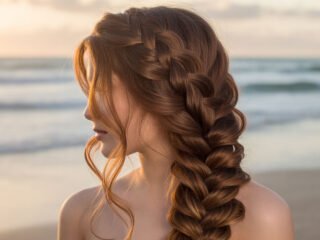 Woman with long wavy brown hair styled in a thick mermaid braid by the beach.