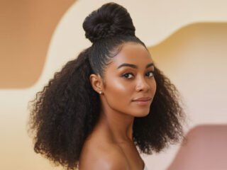 A stunning portrait of a Black woman with a stylish half-up hairstyle featuring a voluminous curly texture and a high braided bun, set against a soft beige and brown gradient background.