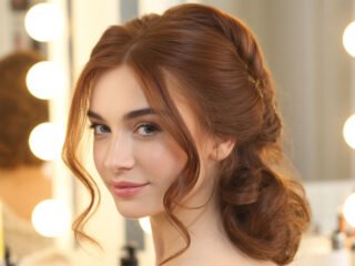 Elegant party hairstyle for long auburn hair with soft curls and volume, perfect for formal or festive occasions.