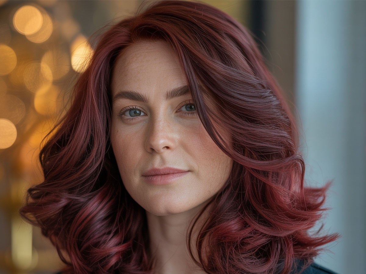 A realistic portrait of a woman with shiny dark red hair styled in soft waves, standing indoors with warm blurred lights in the background.