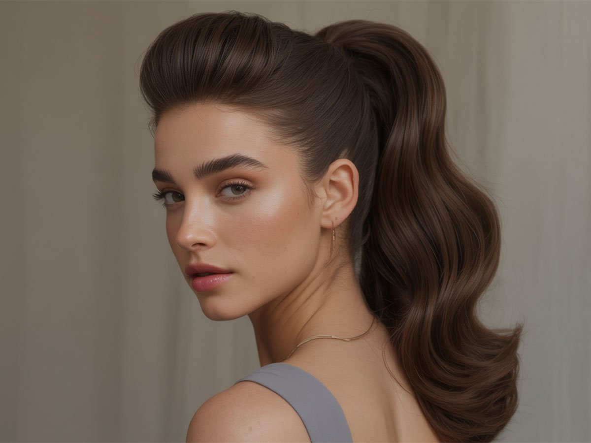 A woman with sleek, voluminous brown hair styled in a high ponytail, wearing a gray dress, looking over her shoulder with soft lighting.