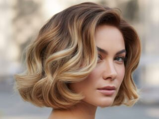 A realistic close-up of a woman with short, wavy blonde-highlighted hair styled in soft layers.