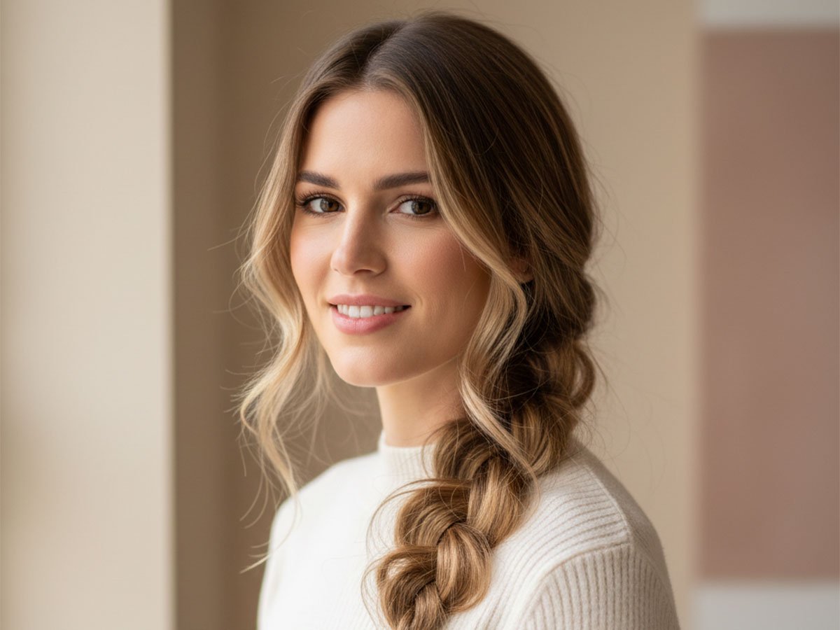 A portrait of a confident woman with long, sun-kissed hair styled in a thick, effortless side braid (a classic three-strand or French braid style). She is smiling softly and wearing a cream-colored sweater against a neutral, warm beige background. The focus is on the casual, elegant hairstyle.