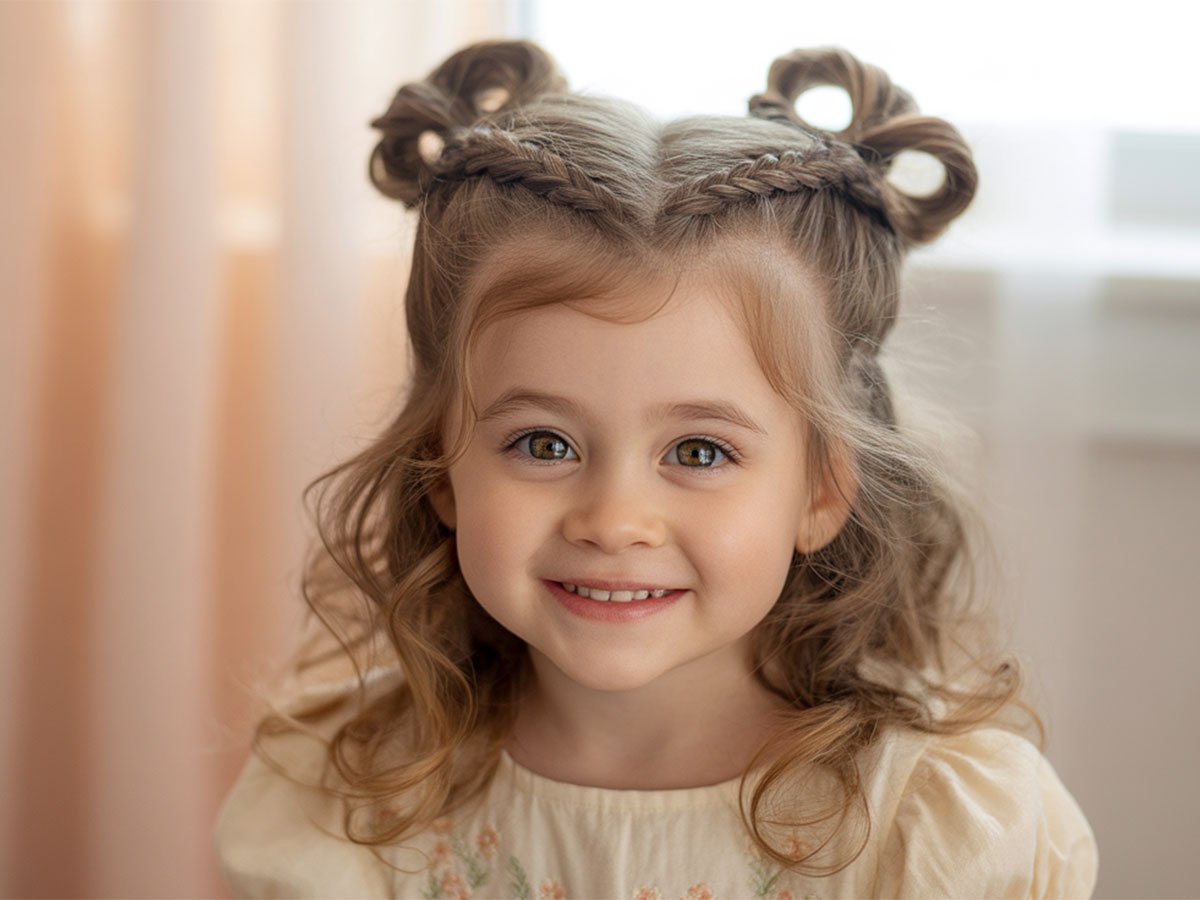 A smiling 4-year-old girl with unique braided buns and curly hair, wearing a light dress in soft natural light.
