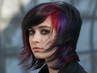 A girl with a layered emo hairstyle featuring black hair with red and purple streaks, giving a bold and expressive look.