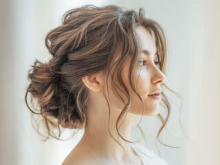 A woman with long brown hair styled in a soft, messy updo, featuring loose curls and face-framing strands for an effortlessly chic look.
