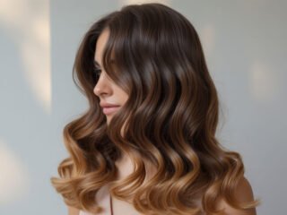 A woman with soft, flowing brown ombre hair that fades from dark roots to warm caramel ends, styled in glossy waves against a neutral background.