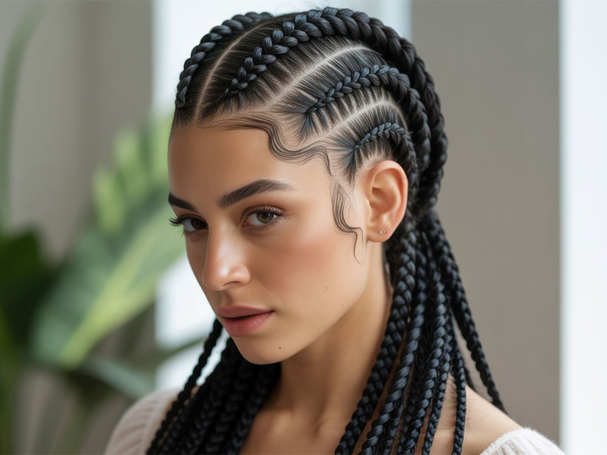 A woman with sleek, detailed cornrow braids showcasing an intricate 2025 hairstyle trend, highlighted under soft natural lighting.