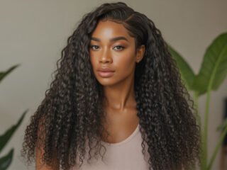 A woman with long, curly black hair wearing a light top, posing confidently indoors with plants in the background.