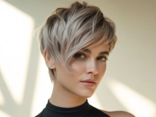 A stylish young woman with a short, layered blonde haircut looking confident in natural light.