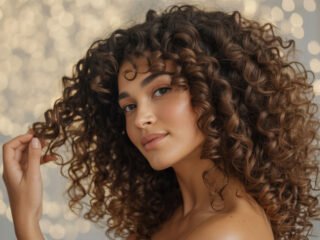 A woman with voluminous, defined brown curly hair gently touching her curls while posing confidently. Soft bokeh lights in the background create a warm, glowing atmosphere highlighting her natural beauty.