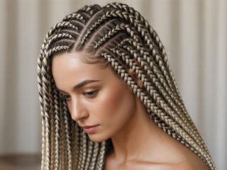 A woman with long blonde French curl braids styled neatly in uniform sections.