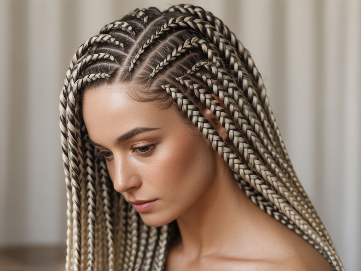 A woman with long blonde French curl braids styled neatly in uniform sections.