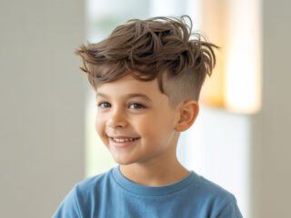 A young boy with stylish, tousled brown hair and a cheerful smile wearing a blue shirt indoors.