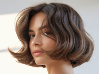 A realistic close-up portrait of a young woman with a soft, voluminous bubble bob hairstyle, gently curled and glossy under natural light.