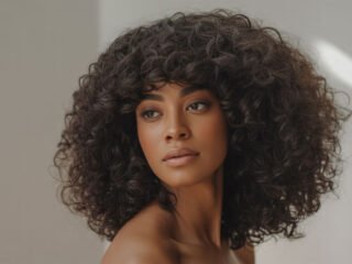 A beautiful Black woman with natural curly hair styled in voluminous faux bangs, looking to the side in soft natural light.