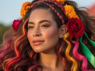 A woman with colorful fiesta curls, bright flower accessories, and green ribbons in her hair.
