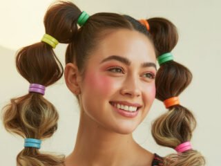 A smiling young woman with colorful bubble ponytails tied with vibrant hair bands.