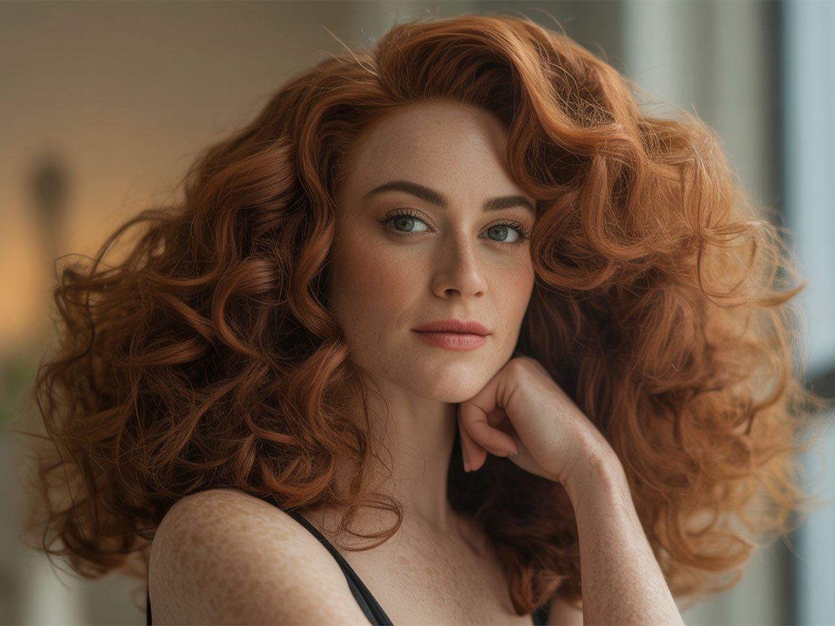 A confident woman with voluminous red curls posing indoors near a softly lit window.