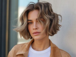 A woman with a short, wavy cowgirl bob hairstyle, wearing a tan jacket and white top, standing confidently outdoors with soft natural light.