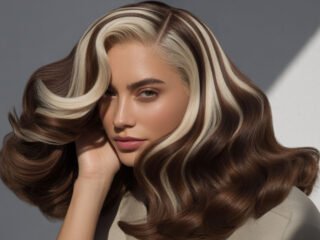 A realistic high-fashion portrait of a woman with voluminous brown hair and bold platinum chunky highlights, styled in smooth, flowing waves. The look blends retro 2000s-inspired streaks with a modern, elegant finish under soft lighting.