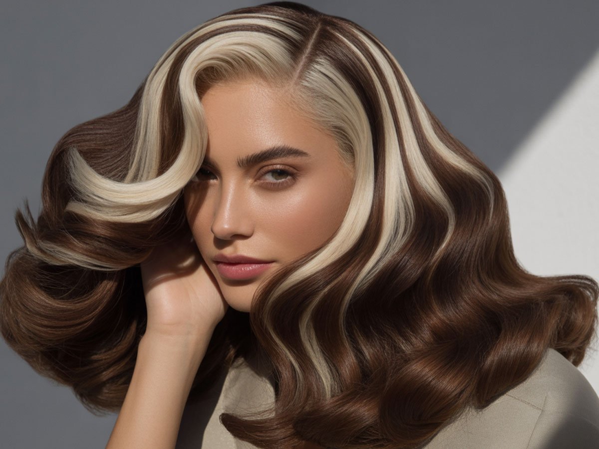 A realistic high-fashion portrait of a woman with voluminous brown hair and bold platinum chunky highlights, styled in smooth, flowing waves. The look blends retro 2000s-inspired streaks with a modern, elegant finish under soft lighting.
