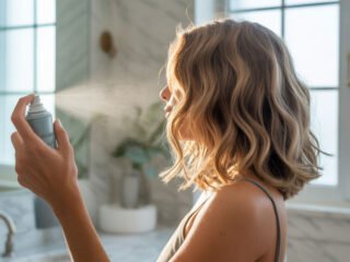 A woman with wavy blonde hair sprays sea salt spray onto her hair in a bright bathroom, creating soft, natural texture.