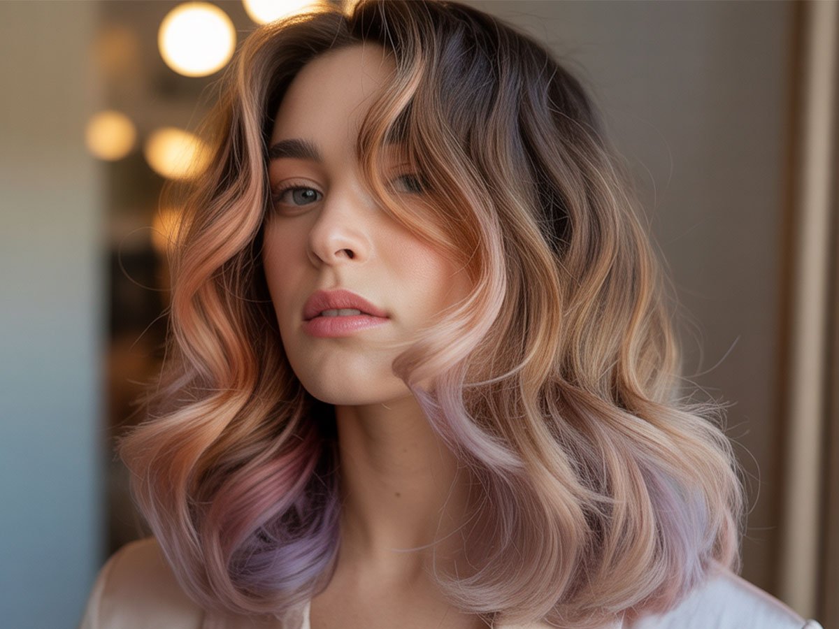 A woman with soft, wavy hair featuring a blend of caramel, pink, and lilac tones &mdash; a modern 2025 hair color trend.