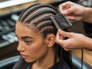 A realistic close-up of a woman getting braid clip-ins attached to her cornrow braids in a salon.