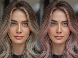 Woman with gray eyes shown in two portraits, one with beige blonde hair and the other with soft rose gold hair, highlighting how each color enhances her eyes.