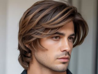 Man with medium-length layered hair featuring soft caramel highlights, styled in a modern, textured look under natural lighting.