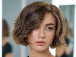 A young woman with a short, layered butterfly bob haircut and soft waves, posing in a modern salon with natural makeup and glossy hair.