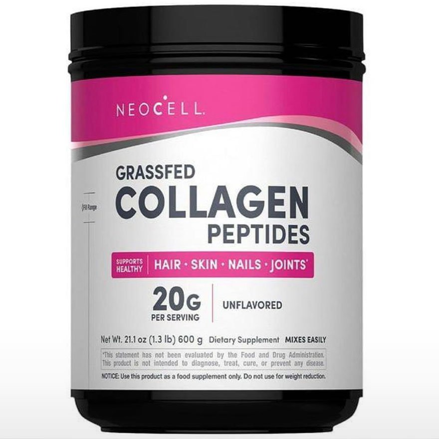 NeoCell Grass-Fed Collagen Peptides supplement bottle for hair, skin, and nails.