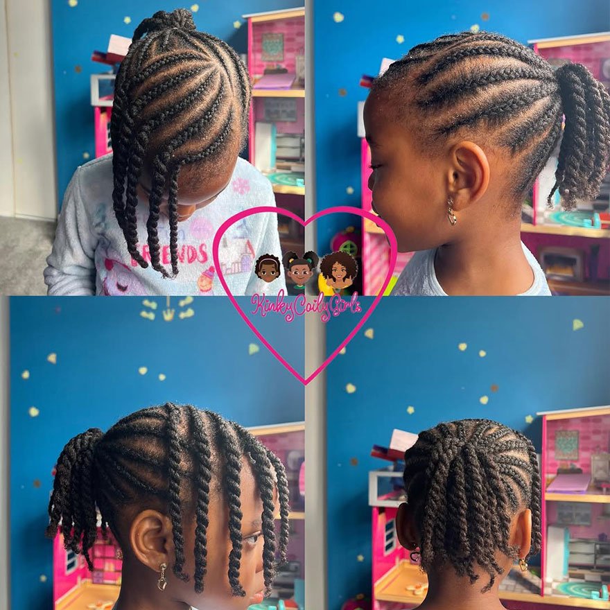 Cornrow braids styled into a twisted ponytail on a young girl.