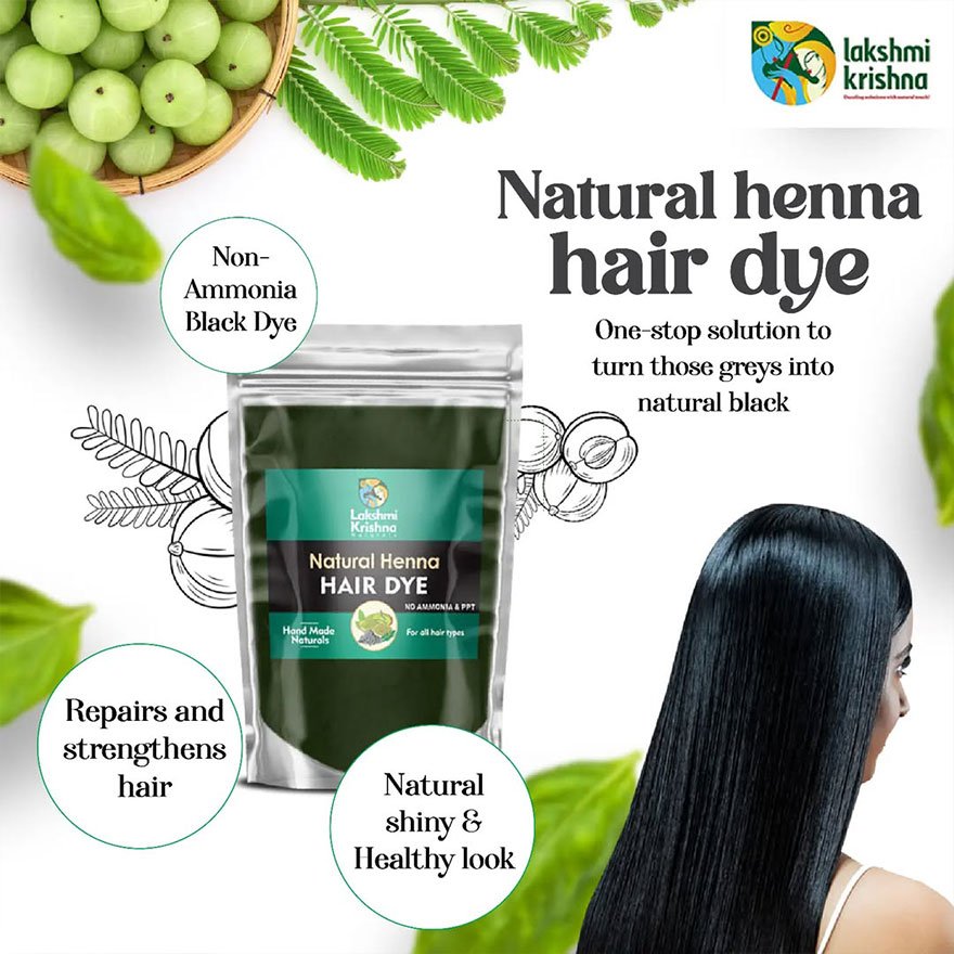 Natural henna hair dye kit with herbal ingredients displayed in packaging.
