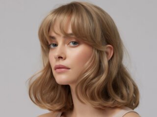 A realistic portrait of a woman with soft see-through bangs and shoulder-length wavy blonde hair, styled naturally against a light grey background.