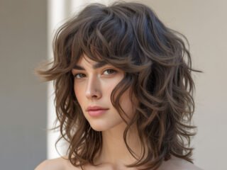 A realistic portrait of a woman with long, textured wolf-cut hair featuring shaggy layers, wispy bangs, and soft waves.