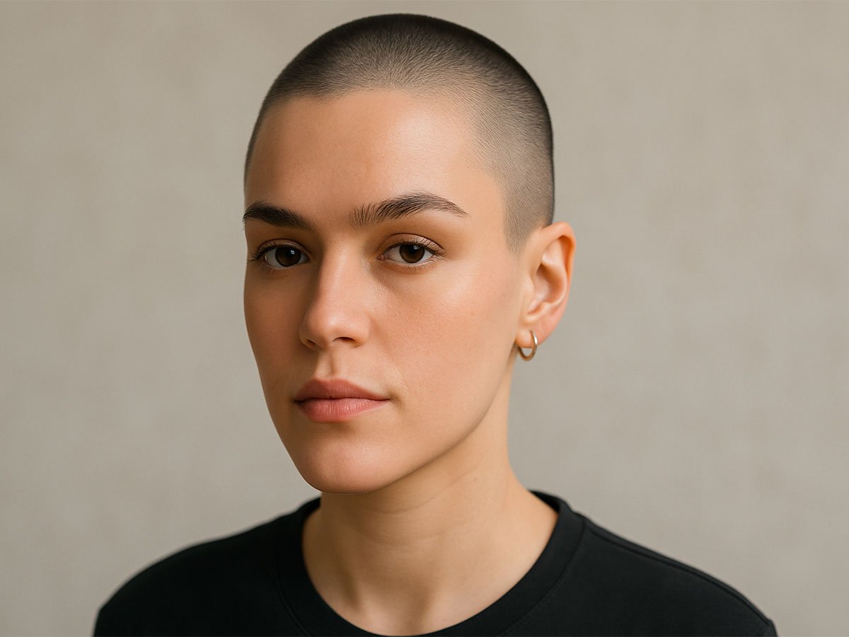 A young woman with a clean shaved buzz haircut, natural makeup, and a confident expression in soft natural lighting.