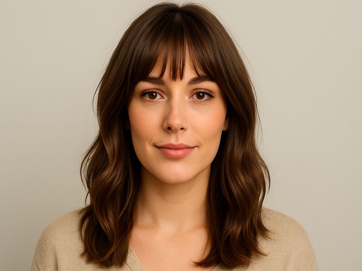 A woman with medium-length brown hair styled in soft layers and straight curtain bangs, looking at the camera against a plain background.