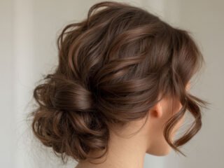 A realistic close-up of a woman with long brown hair styled in a loose, textured low updo, with soft waves and face-framing strands against a neutral background.
