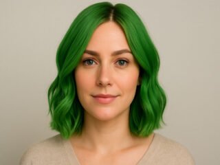 A young woman with bright green, shoulder-length wavy hair looking directly at the camera against a plain beige background.