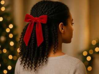 A young woman with curly hair styled half-up and tied with a red bow, standing in front of blurred Christmas lights.