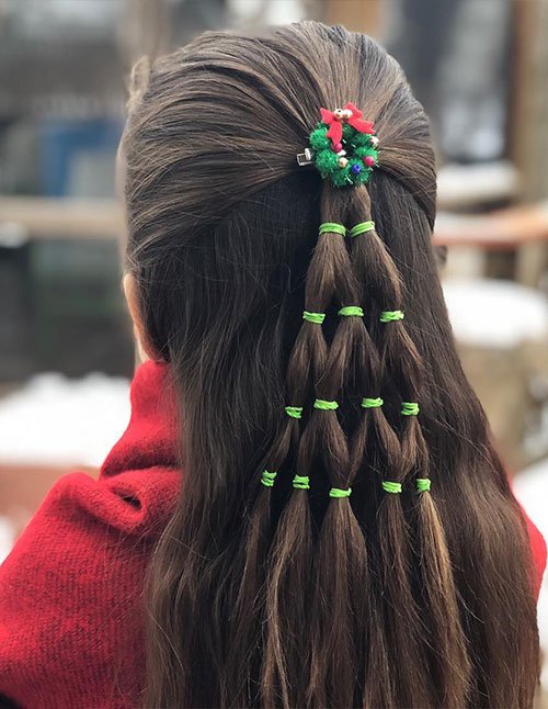 Christmas tree elastic ponytail braid with stacked sections and festive holiday styling